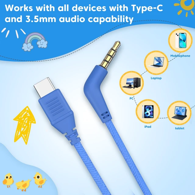 Alt view image 2 of 7 - Kids Headphones for School with 3.5mm/USB C Headphones & HD Mic Blue Headphone for Boys Girls, Comfort Type C Headphone, Safe Volume for iPad/Travel/Tablets/Classroom, Back to School gift
