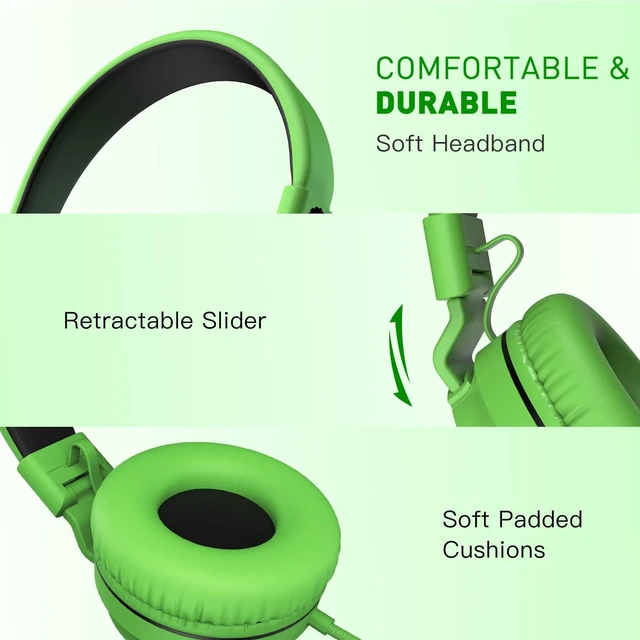 Alt view image 2 of 7 - 950 Wired Headphones for Kids Girls Boys for School Classroom with Microphone, On-Ear Foldable Corded Headphones with Jack 3.5mm for Laptop Computer Tablet Chromebooks Black Green