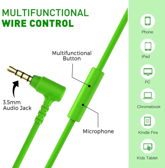 Alt view image 4 of 7 - 950 Wired Headphones for Kids Girls Boys for School Classroom with Microphone, On-Ear Foldable Corded Headphones with Jack 3.5mm for Laptop Computer Tablet Chromebooks Black Green