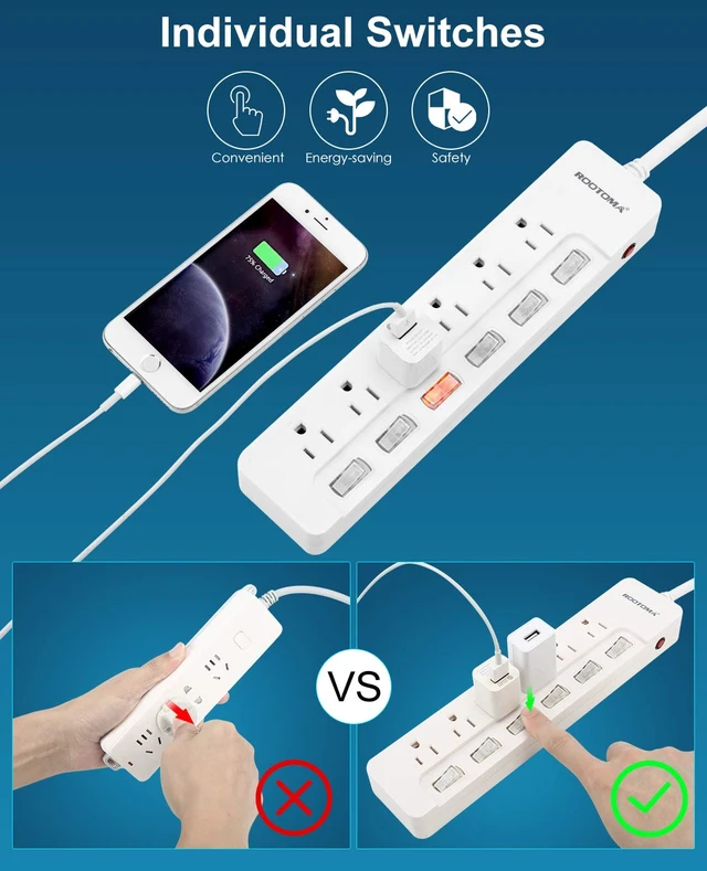 Alt view image 2 of 7 - Power Strip Surge Protector with Individual Switches,6-Foot 14AWG Long Extension Cord 1875W/15A Wall Mount for Office Dorm Home Theatre (6outlets-6ft)