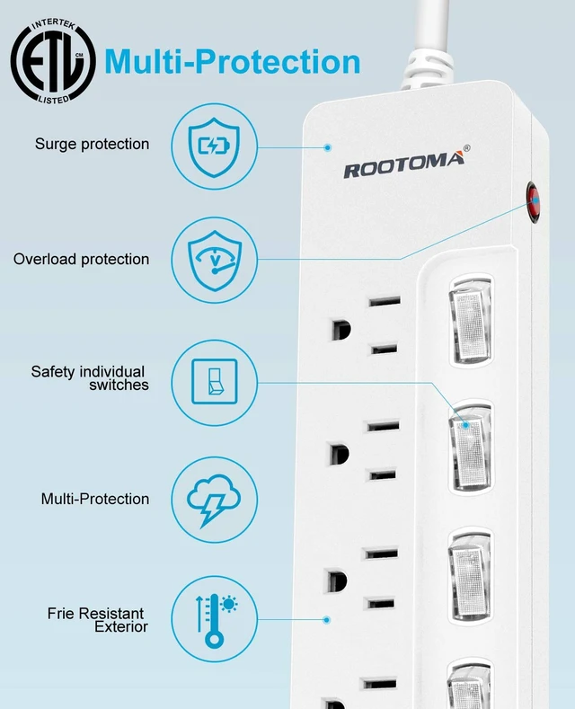 Alt view image 3 of 7 - Power Strip Surge Protector with Individual Switches,6-Foot 14AWG Long Extension Cord 1875W/15A Wall Mount for Office Dorm Home Theatre (6outlets-6ft)
