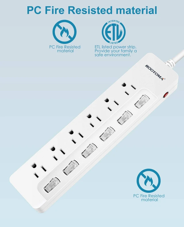 Alt view image 5 of 7 - Power Strip Surge Protector with Individual Switches,6-Foot 14AWG Long Extension Cord 1875W/15A Wall Mount for Office Dorm Home Theatre (6outlets-6ft)