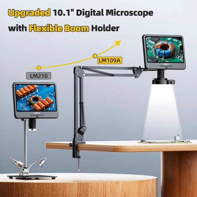 Alt view image 2 of 7 - LM109A 10.1" Digital Microscope, Flexible Arm Stand with C-Clamp 56 LED Ring Lights, 1080P Full View Silver Coins Magnifier for Adults, 260X Soldering Microscope for Electronics, PC View