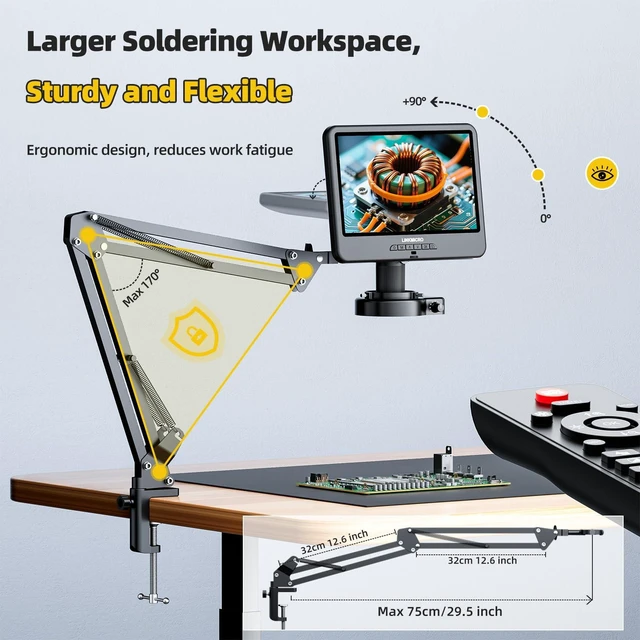 Alt view image 3 of 7 - LM109A 10.1" Digital Microscope, Flexible Arm Stand with C-Clamp 56 LED Ring Lights, 1080P Full View Silver Coins Magnifier for Adults, 260X Soldering Microscope for Electronics, PC View