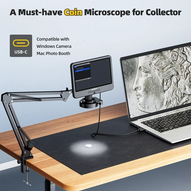 Alt view image 6 of 7 - LM109A 10.1" Digital Microscope, Flexible Arm Stand with C-Clamp 56 LED Ring Lights, 1080P Full View Silver Coins Magnifier for Adults, 260X Soldering Microscope for Electronics, PC View