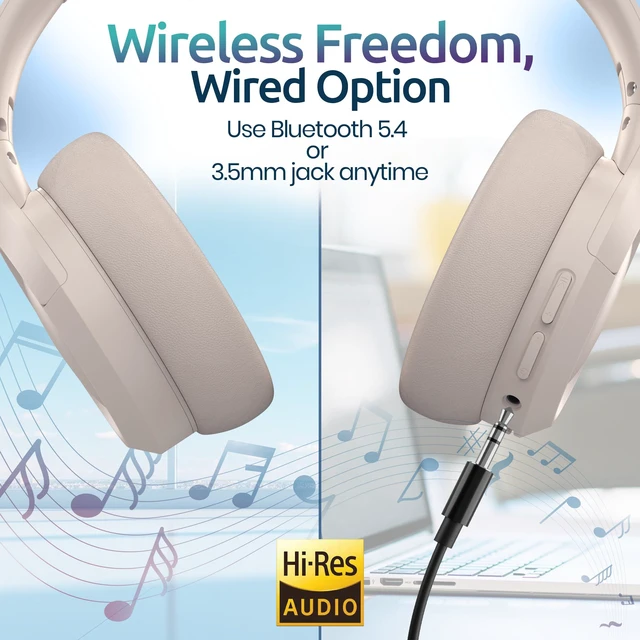Alt view image 6 of 7 - ANC Wireless Bluetooth 5.4 Headset, ENC Built-in Mic for Clear Calls, Hi-res, Foldable, Breathable Over Ear Comfort, Low Latency, Lightweight, 3.5 mm Audio Cable, Wired, for Cell Phones, Tablets, PCs
