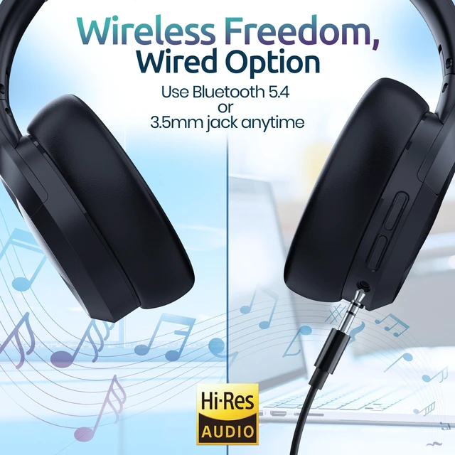 Alt view image 6 of 7 - Active Noise Cancelling Headphones, Bluetooth Over Ear, Hi-Fi Stereo,100H Playback Time, High-Resolution Audio, Water Resistant, Deep Bass, Memory Foam Ear Cups, Home, Office, Studio,Travel, Work, Gym