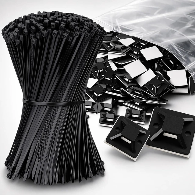 Main image of 1 in Adhesive Zip Tie Mounts with 8 in Zip Ties, black 500 Sets Strong adhesive, 4-way routing for server racks, data centers, network closets, telecom cabinets and office cable management