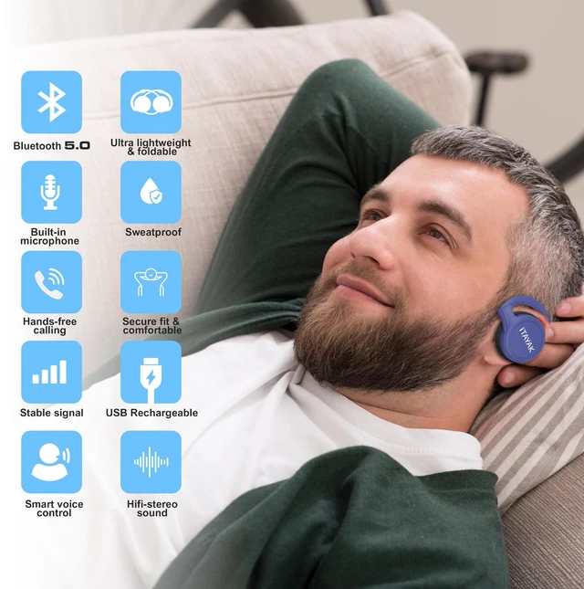 Alt view image 3 of 7 - Behind The Head Headphones, Wrap Around Head Small Bluetooth Headphones Lightweight Foldable Wireless Sports Sweatproof Headset with Microphone & Carrying Case