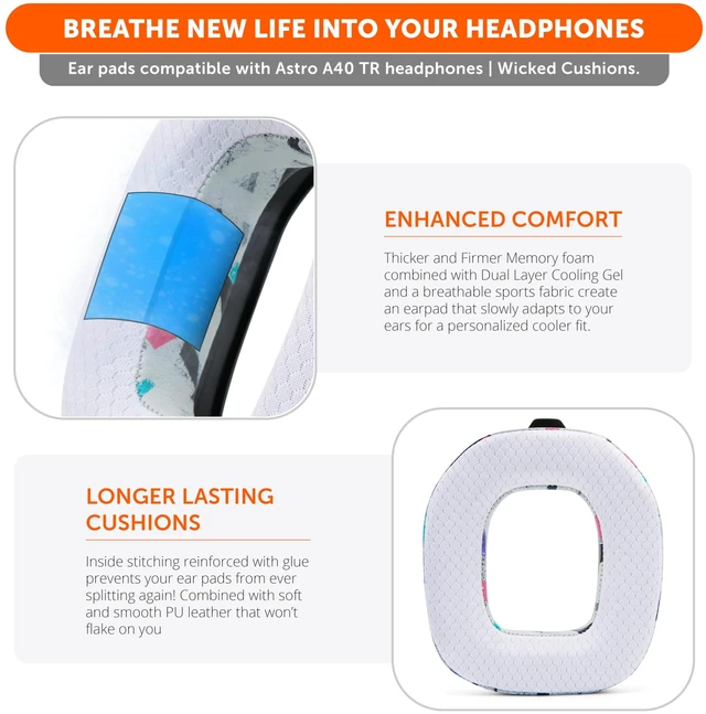 Alt view image 4 of 7 - Mod Kit A40 - Earpads & Headband Replacement for Astro A40 Gen 4 & TR Made by Wicked Cushions Cooling Gel, Enhanced Comfort & Durability 90's White