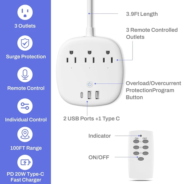 Alt view image 2 of 7 - Remote Control Power Strip with 3 Independent Outlets, 3 USBs 20W USB-C, 3.9Ft Extension Cord, 15A/1875W Overload, Protection for Home Office