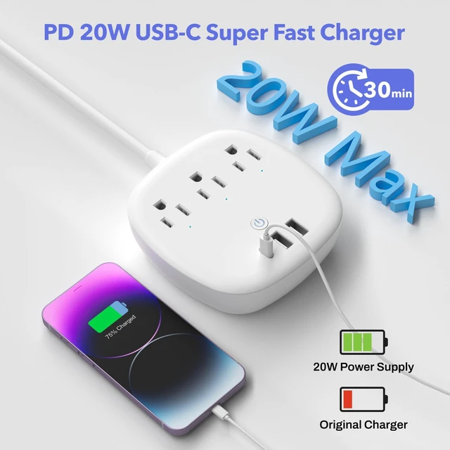 Alt view image 5 of 7 - Remote Control Power Strip with 3 Independent Outlets, 3 USBs 20W USB-C, 3.9Ft Extension Cord, 15A/1875W Overload, Protection for Home Office