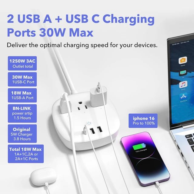 Alt view image 7 of 7 - Remote Control Power Strip with 3 Independent Outlets, 3 USBs 20W USB-C, 3.9Ft Extension Cord, 15A/1875W Overload, Protection for Home Office