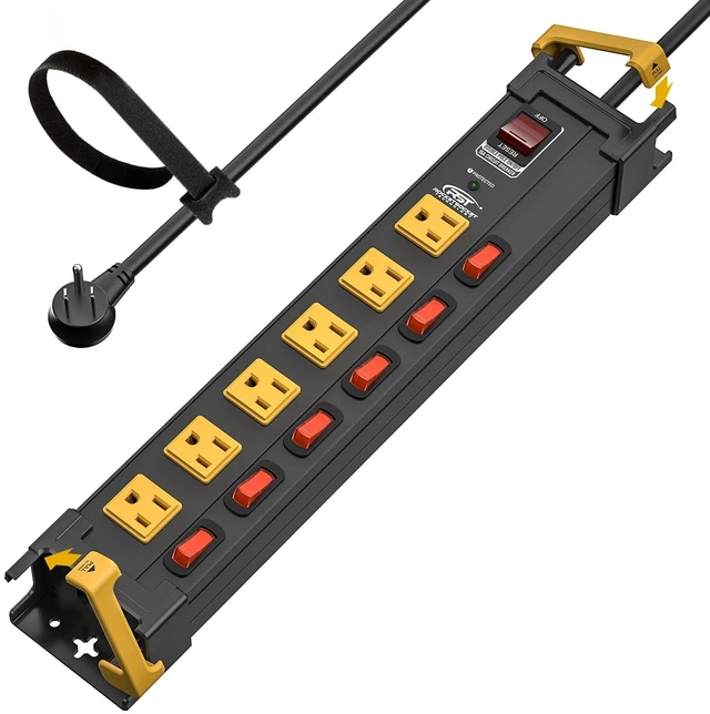 Main image of 6-Outlet Metal Power Strip with Individual Switches 15A/1875W, 10FT Wide-spaced for Bulky Plugs, 1020J Surge Protector Power Strip with Cable Management for Garage Home Office Workshop School