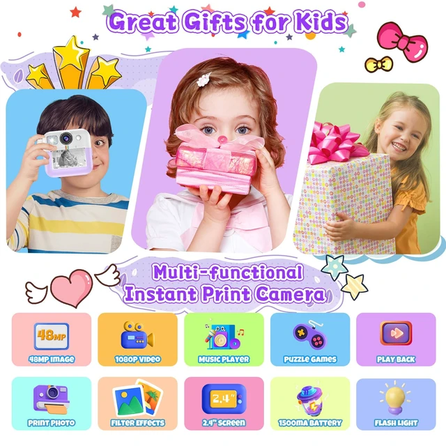 Alt view image 2 of 7 - Kids Instant Print Camera, Christmas Birthday Gifts for Girls Boys Purple Children Digital Camera with 32GB Card, Game, Music, 1080P Video Kids Print Camera, 3-10 Year Old Girls Portable Kids Toys