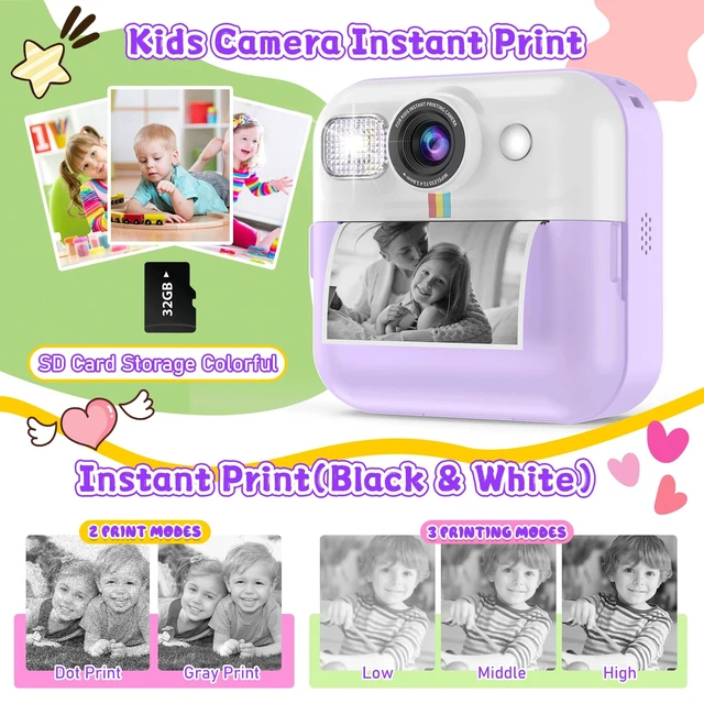 Alt view image 6 of 7 - Kids Instant Print Camera, Christmas Birthday Gifts for Girls Boys Purple Children Digital Camera with 32GB Card, Game, Music, 1080P Video Kids Print Camera, 3-10 Year Old Girls Portable Kids Toys