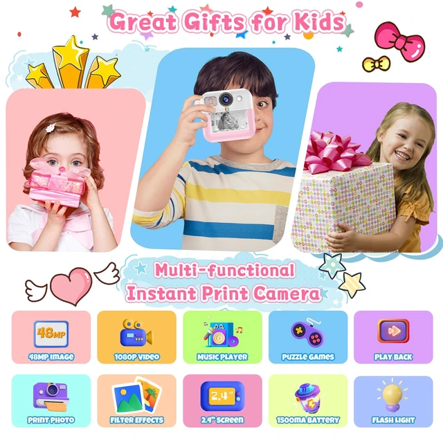 Alt view image 2 of 7 - Kids Camera for Girls, Instant Print Camera 1080P Video with 32GB Card Pink Kids Christmas Birthday Gifts, Children Digital Camera with Game, Music Player, Portable Toys Ages 3-10 Girls