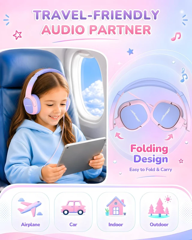 Alt view image 3 of 6 - Kids Headphones with Safe Volume Limited for School (PinkGradient) 3.5mm Wired, Foldable, Stereo Sound On-Ear Headset for iPad Computer Boys Girls
