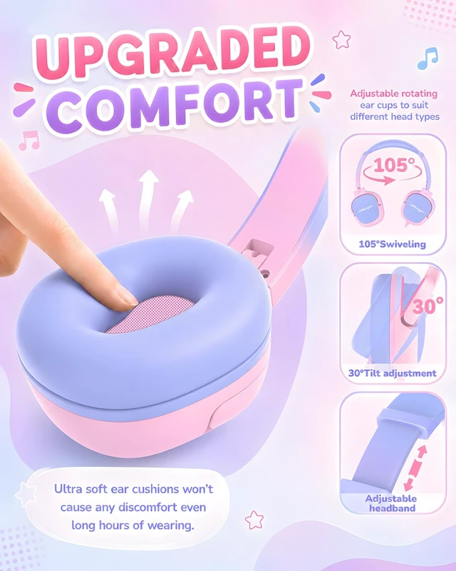 Alt view image 5 of 6 - Kids Headphones with Safe Volume Limited for School (PinkGradient) 3.5mm Wired, Foldable, Stereo Sound On-Ear Headset for iPad Computer Boys Girls