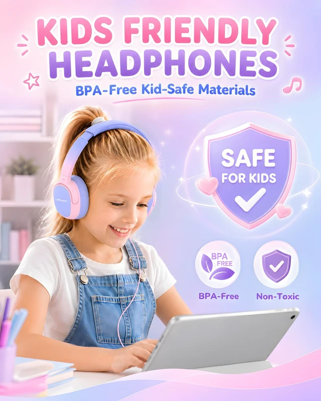 Alt view image 4 of 6 - Kids Headphones with Safe Volume Limited for School (PinkGradient) 3.5mm Wired, Foldable, Stereo Sound On-Ear Headset for iPad Computer Boys Girls