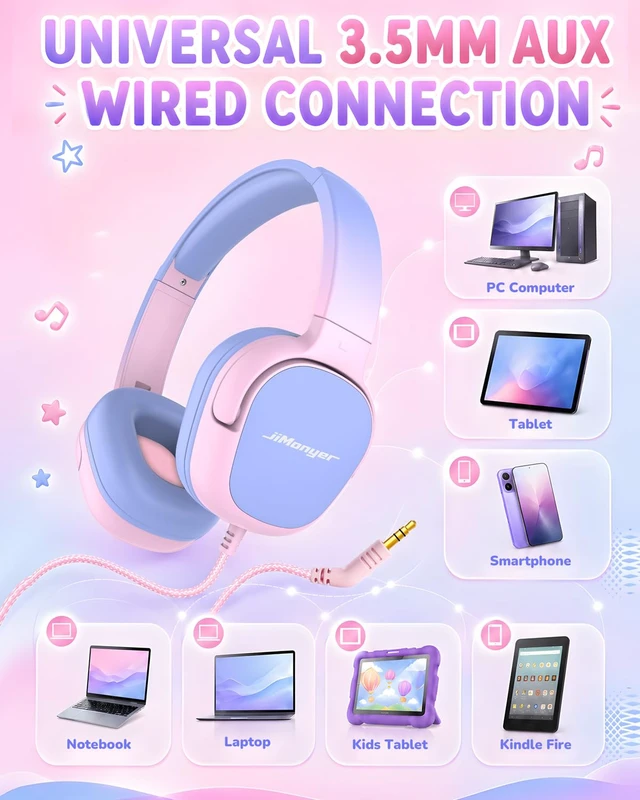 Alt view image 6 of 6 - Kids Headphones with Safe Volume Limited for School (PinkGradient) 3.5mm Wired, Foldable, Stereo Sound On-Ear Headset for iPad Computer Boys Girls
