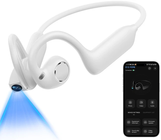 Main image of E12 Open Ear Headphones with 8MP Camera Bone Conduction Headphones Wireless Earbuds Hi-Fi Stereo Running Earphones IP65 Waterproof AI Voice Assistant Headset for Sports/Workout/Cycling (White)