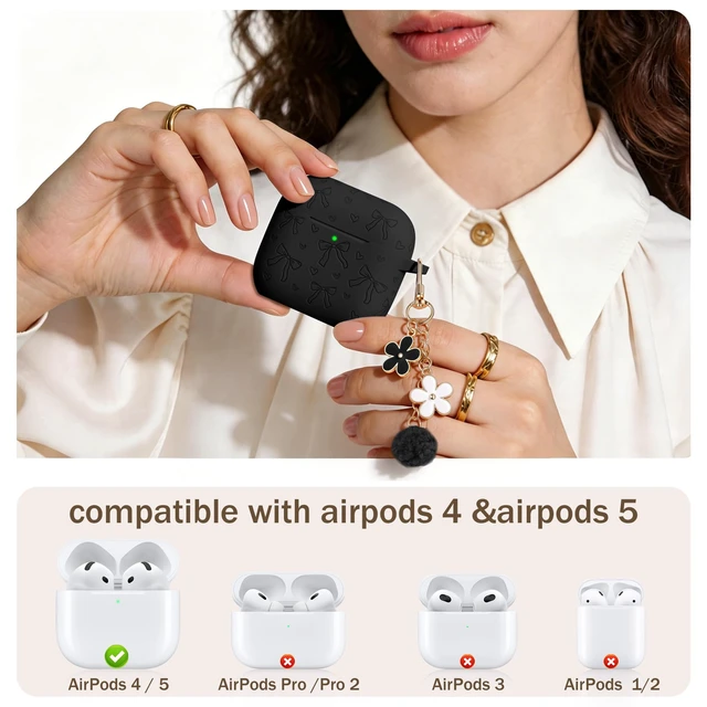 Alt view image 2 of 7 - for Airpods 5 Case & Airpods 4 Cute Case Cover with Cleaner Kit Engraved Soft Silicone Protective Case for AirPods 4 & AirPods 5 with Flower Charm Keychain, Carabiner for Girly Women Men