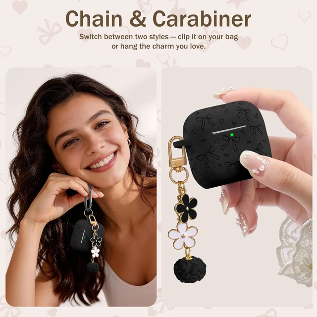 Alt view image 5 of 7 - for Airpods 5 Case & Airpods 4 Cute Case Cover with Cleaner Kit Engraved Soft Silicone Protective Case for AirPods 4 & AirPods 5 with Flower Charm Keychain, Carabiner for Girly Women Men