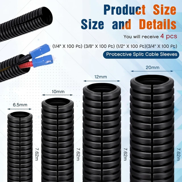 Alt view image 2 of 7 - 1/4, 3/8, 1/2, 3/4'' X 25 ft Split Wire Loom Cord Protector Tubing Split Conduit Protector Tubing Convoluted Tube Flexible Electrical Wire Cover Protective Sleeves(Black)