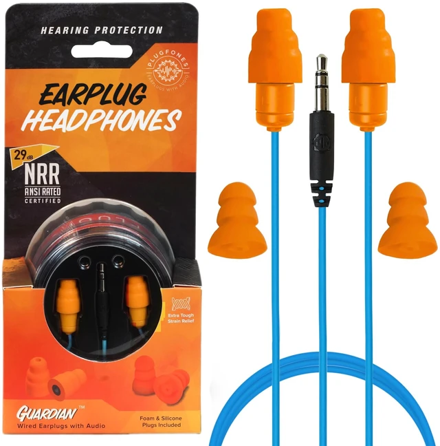 Main image of Guardian Earplug Headphones, OSHA Compliant Work Earbuds, Orange 29dB NRR Foam & 27dB Silicone Plugs, Ear Plug Headphones for Work, Construction & Helmet Use, PPE Safety Earbuds, 4Ft Cord