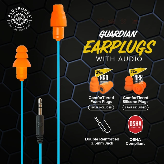 Alt view image 2 of 7 - Guardian Earplug Headphones, OSHA Compliant Work Earbuds, Orange 29dB NRR Foam & 27dB Silicone Plugs, Ear Plug Headphones for Work, Construction & Helmet Use, PPE Safety Earbuds, 4Ft Cord
