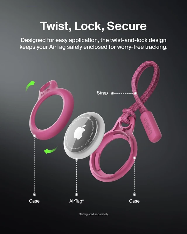 Alt view image 4 of 7 - Apple Airtag Secure Holder With Strap - Apple Air Tag Keychain - Airtag Holder With Strap For Key Ring - Airtag Keychain Accessories - Scratch Resistant Airtag Case With Raised Edges - Pink