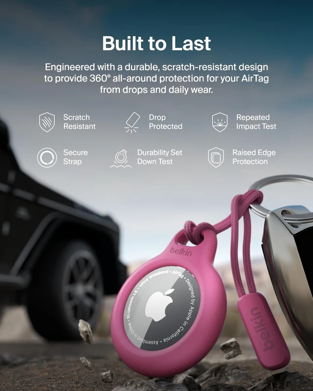 Alt view image 5 of 7 - Apple Airtag Secure Holder With Strap - Apple Air Tag Keychain - Airtag Holder With Strap For Key Ring - Airtag Keychain Accessories - Scratch Resistant Airtag Case With Raised Edges - Pink