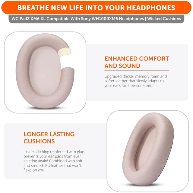Alt view image 4 of 7 - PadZ XM6 XL - Extra Large Ear Pads for Sony WH-1000XM6 Made by Wicked Cushions Bigger Ear Opening, Enhanced Comfort & Sound Isolation Sand Pink