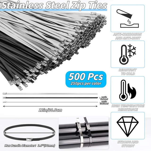 Alt view image 2 of 7 - 500PCS Metal Zip Ties, Silver Black 12 Inch Heavy Duty Metal Zip Ties, Multi-Purpose Self-Locking Cable Tie for Vehicles Farms Plants Fences Pipe Bundling
