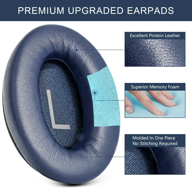 Alt view image 3 of 7 - Ear Pads Replacement for Bose QuietComfort 45 (QC45) - Earpad Cushions for QuietComfort SE (QC SE) Wireless Over-Ear Headphones with Protein Leather Noise Isolation Memory Foam (Midnight Blue)
