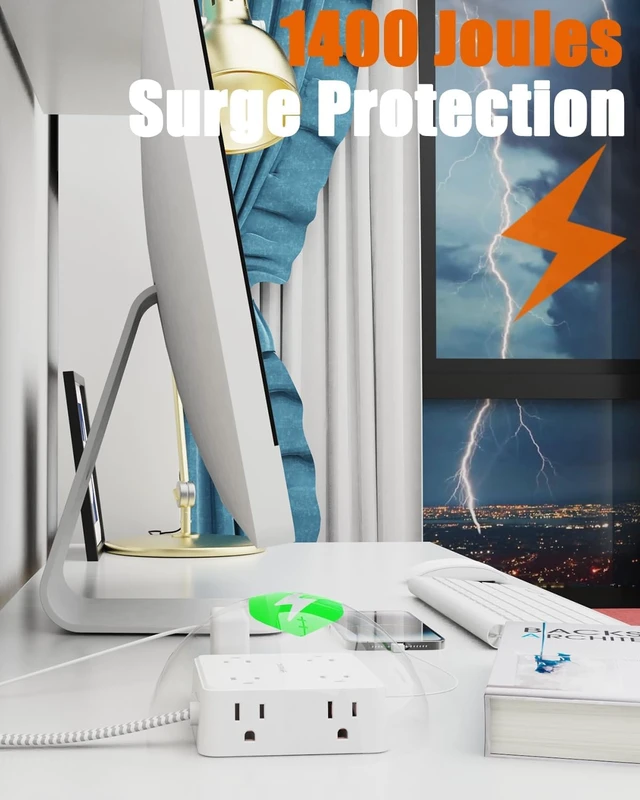Alt view image 4 of 7 - 2 Prong Power Strip, 2 Prong to 3 Prong Outlet Adapter with 5ft Cord 1400J Two Prong Surge Protector, Flat Polarized Plug, 8 AC with 2 USB C and 2 USB A, Wall Mountable, Ideal for Old House