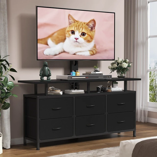 Alt view image 7 of 7 - Black TV Stand with Mount for 32/45/55/60/65/75 inch TVs, Entertainment Center with 6 Fabric Drawers & Open Shelf, TV Media Console for Living Room, Bedroom