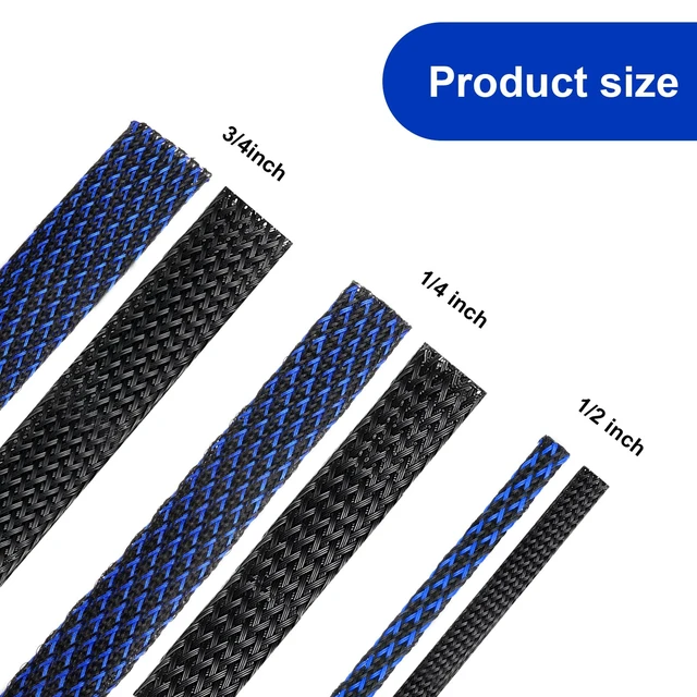 Alt view image 2 of 7 - 96ft Wire Loom Braided Cable 1/4, 1/2, 3/4 Inch,Black and Blue Wire Loom Braided Cable Sleeve Covers, with 127 Heat Shrink for Audio Video Cables, Protects from Pets, Flexible Organizer