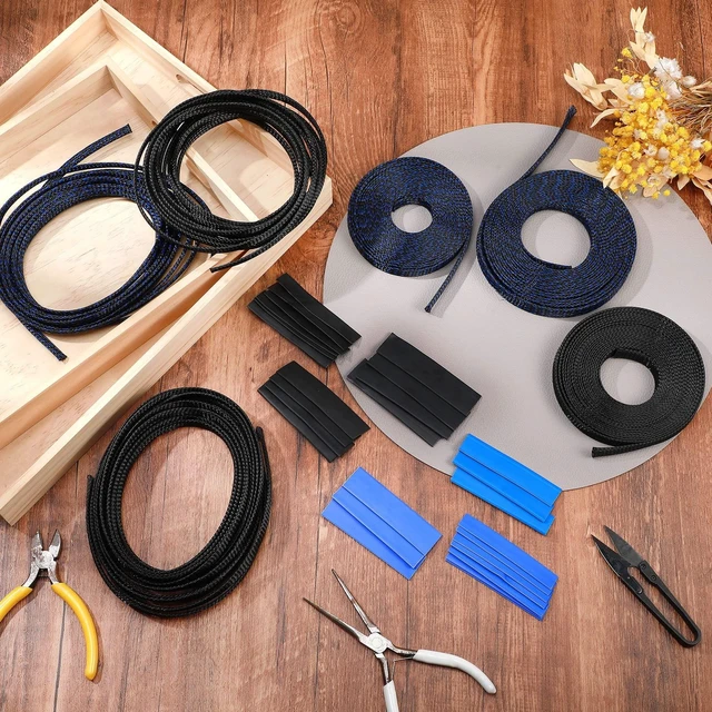 Alt view image 7 of 7 - 96ft Wire Loom Braided Cable 1/4, 1/2, 3/4 Inch,Black and Blue Wire Loom Braided Cable Sleeve Covers, with 127 Heat Shrink for Audio Video Cables, Protects from Pets, Flexible Organizer