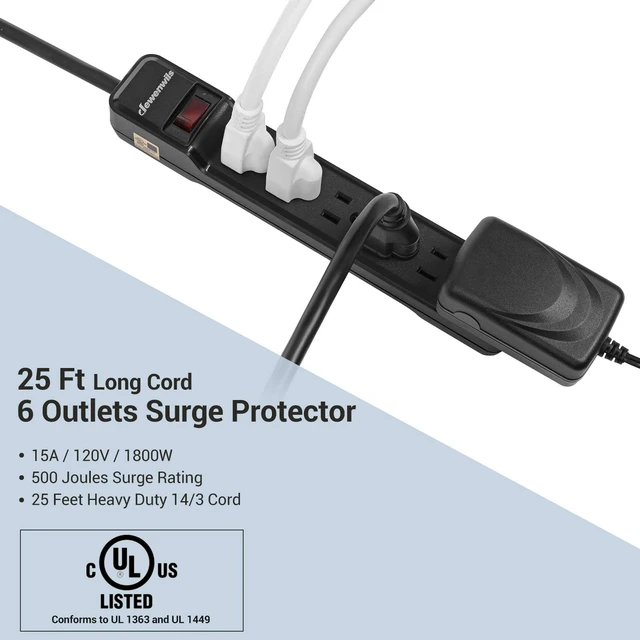 Alt view image 2 of 7 - 2-Pack Power Strip Surge Protector,25 Ft Extra Long Extension Cord, Low Profile Flat Plug,15 Amp Circuit Breaker, 500 Joules, Wall Mount, Black, UL Listed