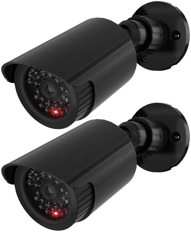 Main image of Fake Security Camera with Flashing Red Light, 2 Pack, BlackTC-B2 Dummy Cameras for Outside Indoor, Home Simulated Surveillance Cam, Realistic Look, Weatherproof, Warning Sticker Included