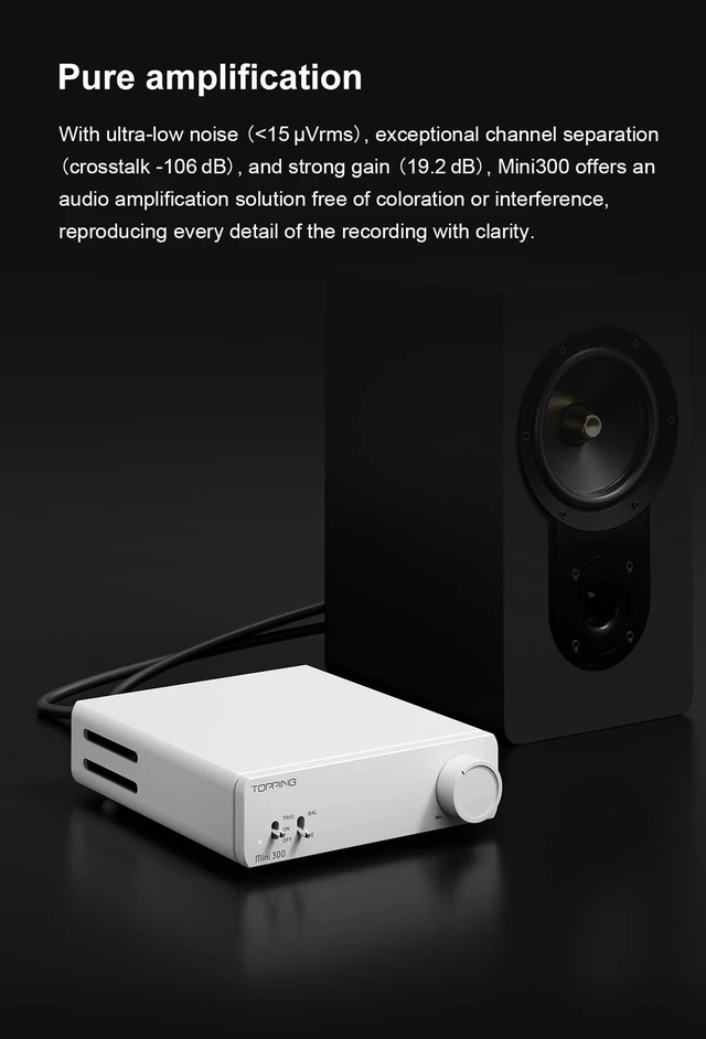 Alt view image 7 of 7 - Topping Mini 300 Compact Desktop Power Amplifier - Fully-Balanced Class-D Amp, TRS/RCA Input, 12V Trigger, Ultra-Low Distortion, Zero-Noise Safe and Reliable (White)