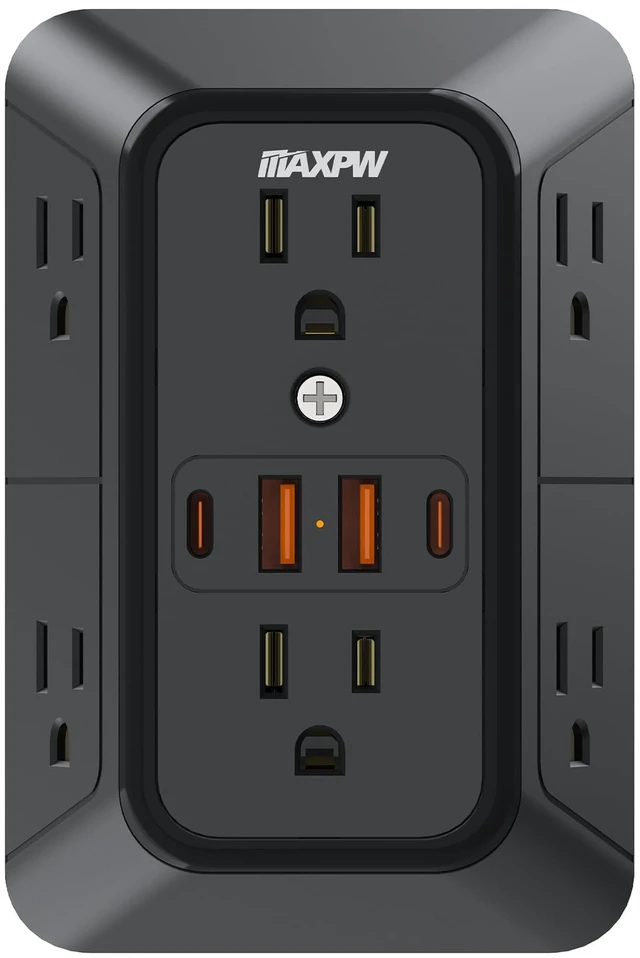 Main image of Wall Outlet Extender, 1050J Surge Protector, 6 Outlets 4 USB(2 USB-C),Black 3-Sided Multi Plug Outlet, 2.1in Wide Spaced Power Strip, 1875W, ETL Listed, Wall Plug for Home Office Dorm Travel