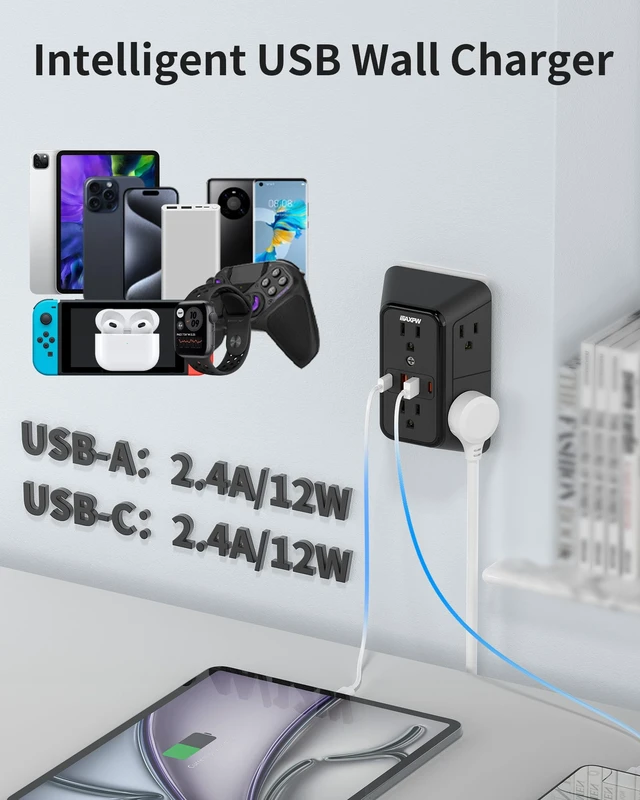 Alt view image 3 of 7 - Wall Outlet Extender, 1050J Surge Protector, 6 Outlets 4 USB(2 USB-C),Black 3-Sided Multi Plug Outlet, 2.1in Wide Spaced Power Strip, 1875W, ETL Listed, Wall Plug for Home Office Dorm Travel