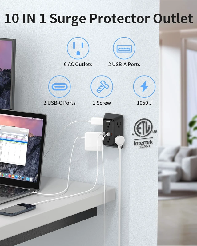 Alt view image 2 of 7 - Wall Outlet Extender, 1050J Surge Protector, 6 Outlets 4 USB(2 USB-C),Black 3-Sided Multi Plug Outlet, 2.1in Wide Spaced Power Strip, 1875W, ETL Listed, Wall Plug for Home Office Dorm Travel