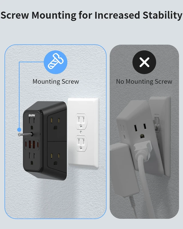 Alt view image 5 of 7 - Wall Outlet Extender, 1050J Surge Protector, 6 Outlets 4 USB(2 USB-C),Black 3-Sided Multi Plug Outlet, 2.1in Wide Spaced Power Strip, 1875W, ETL Listed, Wall Plug for Home Office Dorm Travel