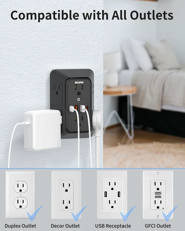 Alt view image 6 of 7 - Wall Outlet Extender, 1050J Surge Protector, 6 Outlets 4 USB(2 USB-C),Black 3-Sided Multi Plug Outlet, 2.1in Wide Spaced Power Strip, 1875W, ETL Listed, Wall Plug for Home Office Dorm Travel