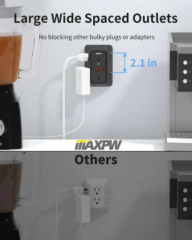 Alt view image 4 of 7 - Wall Outlet Extender, 1050J Surge Protector, 6 Outlets 4 USB(2 USB-C),Black 3-Sided Multi Plug Outlet, 2.1in Wide Spaced Power Strip, 1875W, ETL Listed, Wall Plug for Home Office Dorm Travel