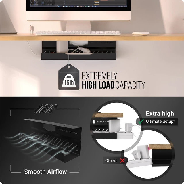 Alt view image 4 of 7 - Under Desk Cable Management Tray no Drill Wire Management - Cord Organizer Huge Load Capacity Under Desk Cable Tray no Drill (Black, 1 Piece Set)